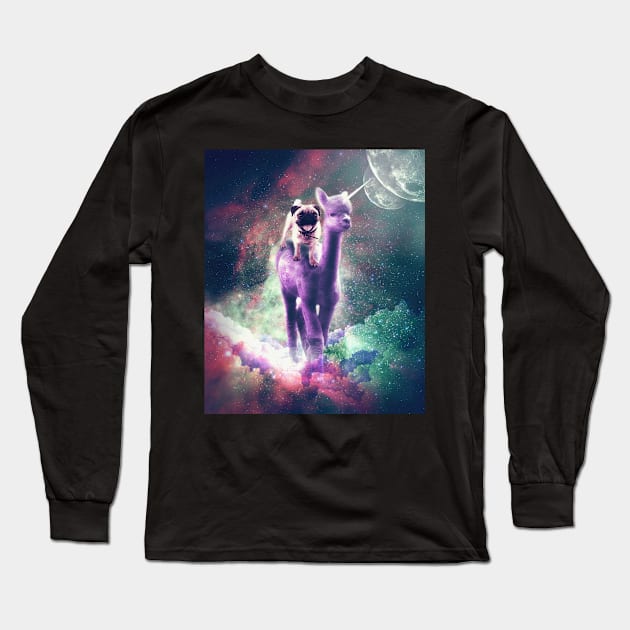 Funny Space Pug Riding On Alpaca Unicorn Long Sleeve T-Shirt by Random Galaxy